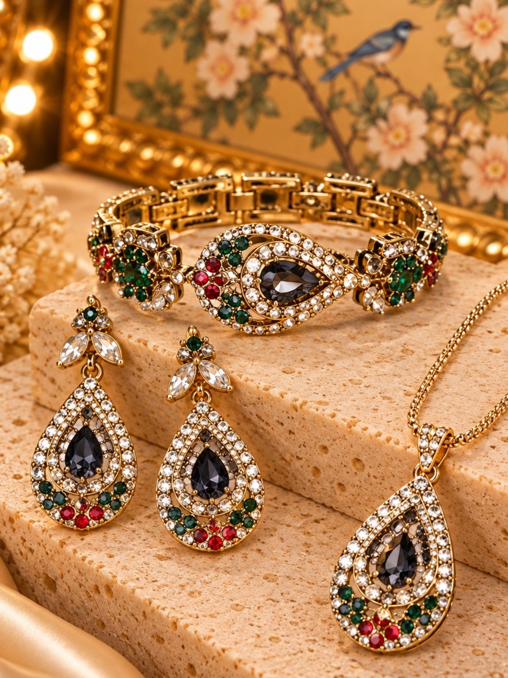 Ornate Teardrop Rhinestone Jewelry Set Necklace Earrings Bracelet